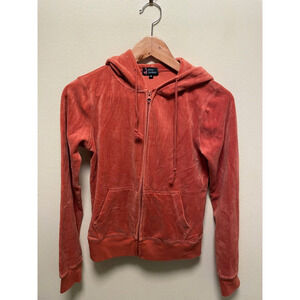 Vintage Juniors Track Jacket Small Orange Terry Velour Zip Stretch Grunge Y2K